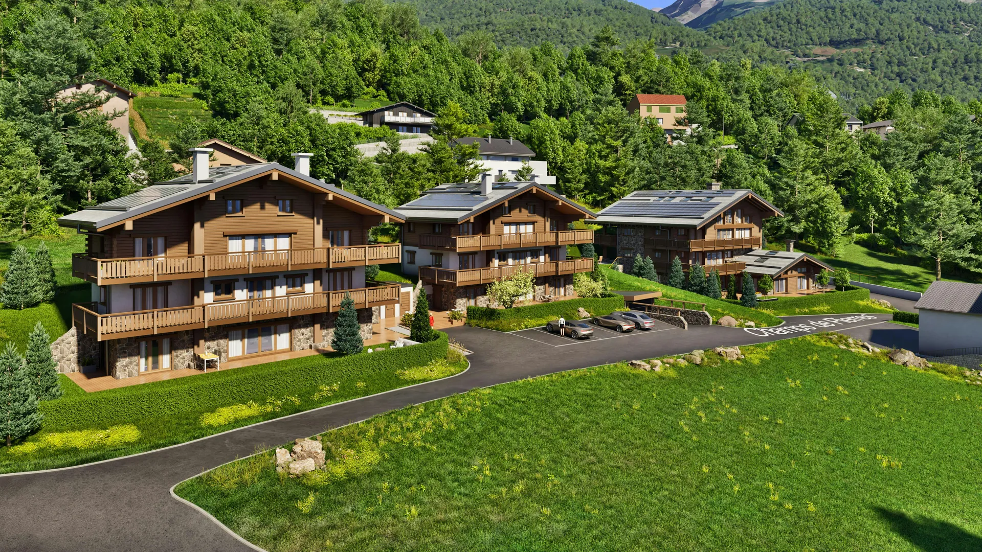 Render 3D digital de edificios residenciales premium en Alpes Peninos
