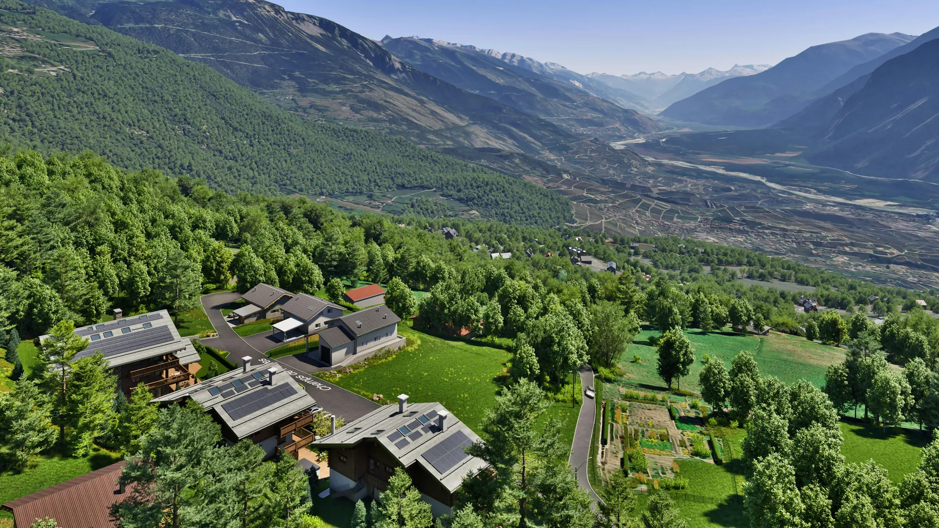 Renderizado 3D de alta calidad de apartamentos alpinos premium con terrazas y vistas a los picos de los Alpes Peninos