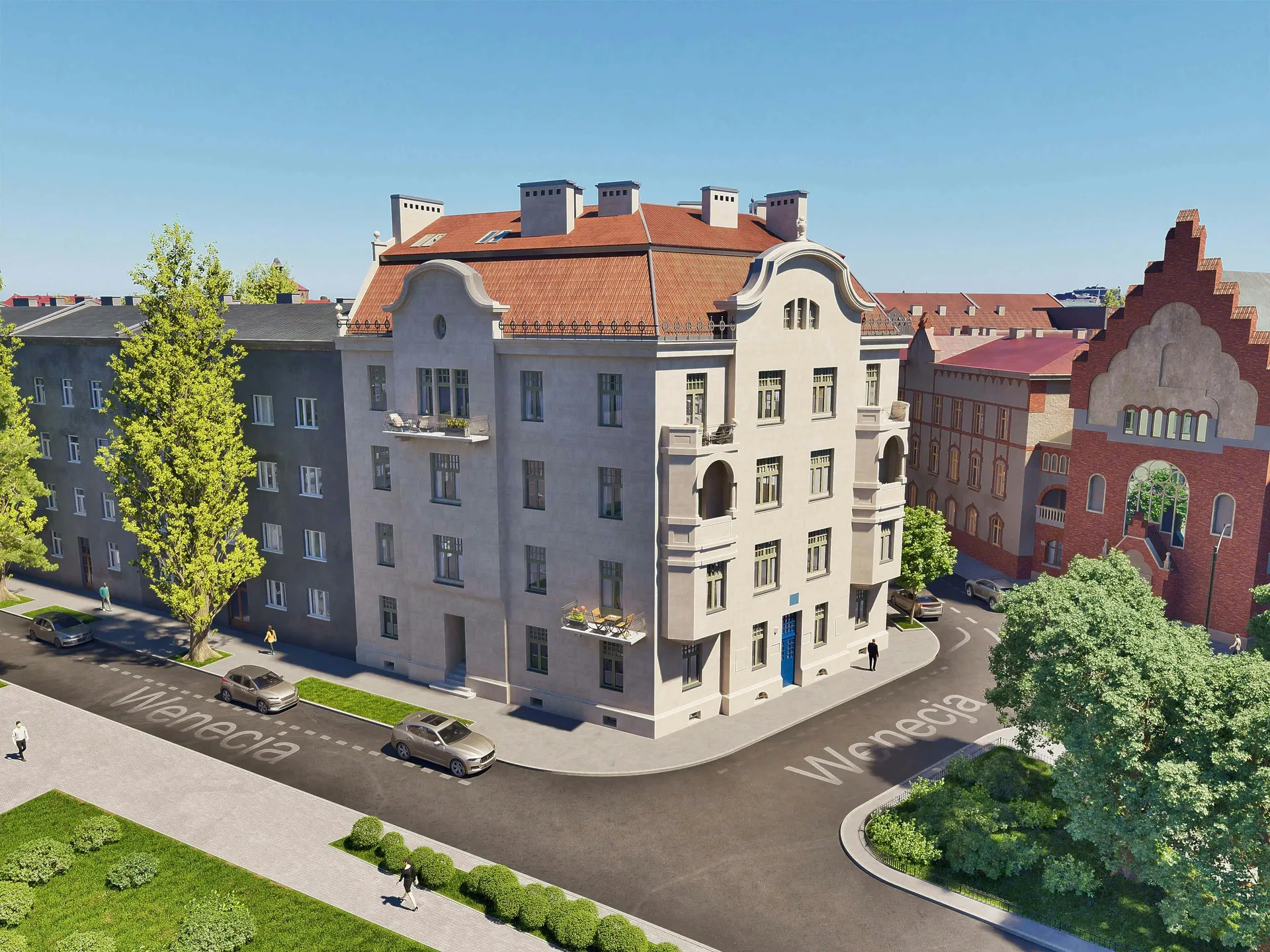 Gemelo digital 3D interactivo que muestra las vistas de los apartamentos y las perspectivas hacia zonas verdes en una ubicación céntrica de Cracovia