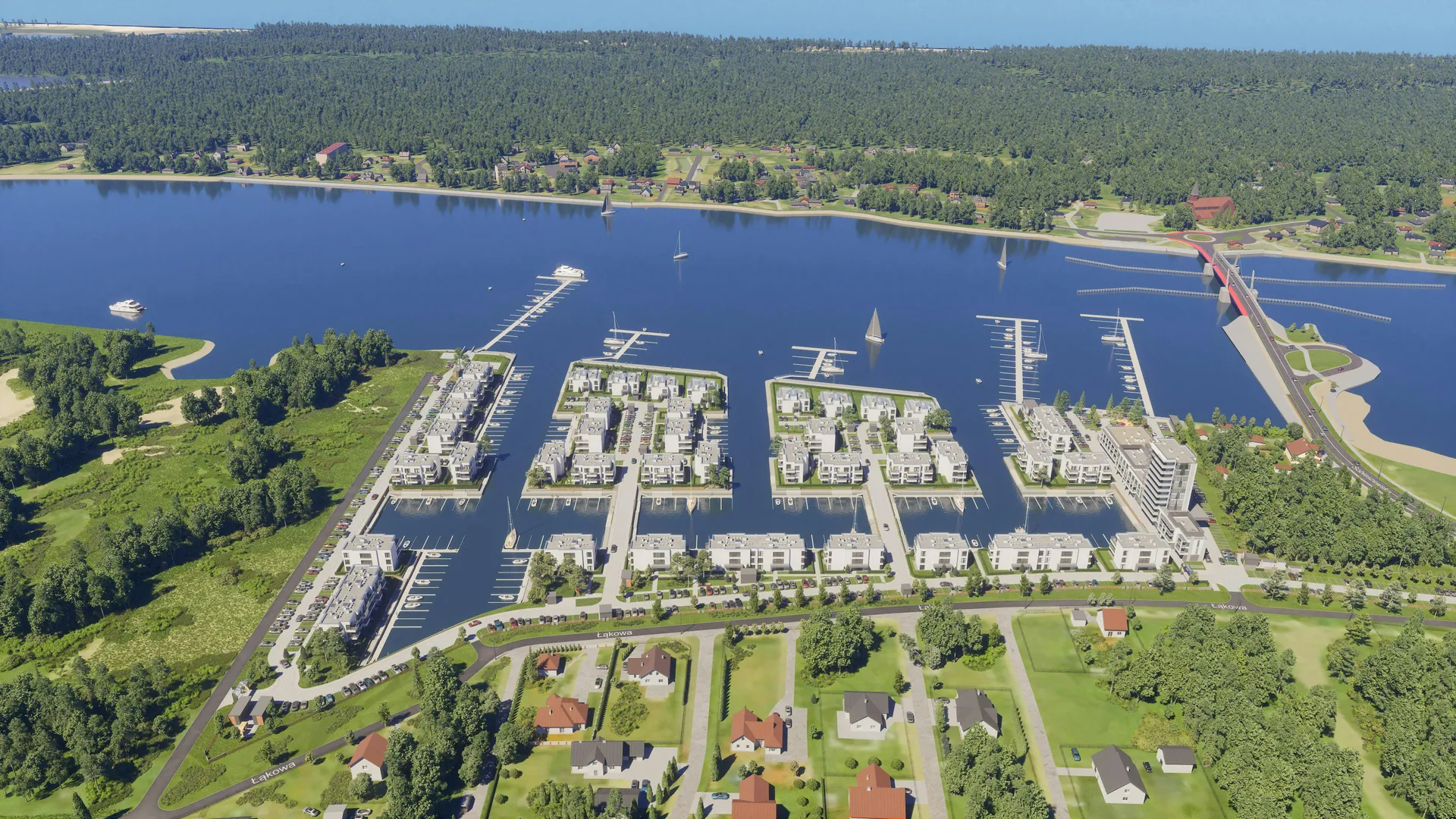Visualización arquitectónica 3D de edificios residenciales frente al agua integrados en el paisaje natural